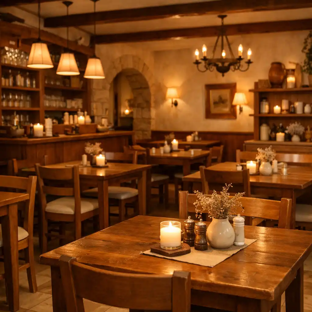 Interiér restaurace s dřevěnými stoly a teplým osvětlením