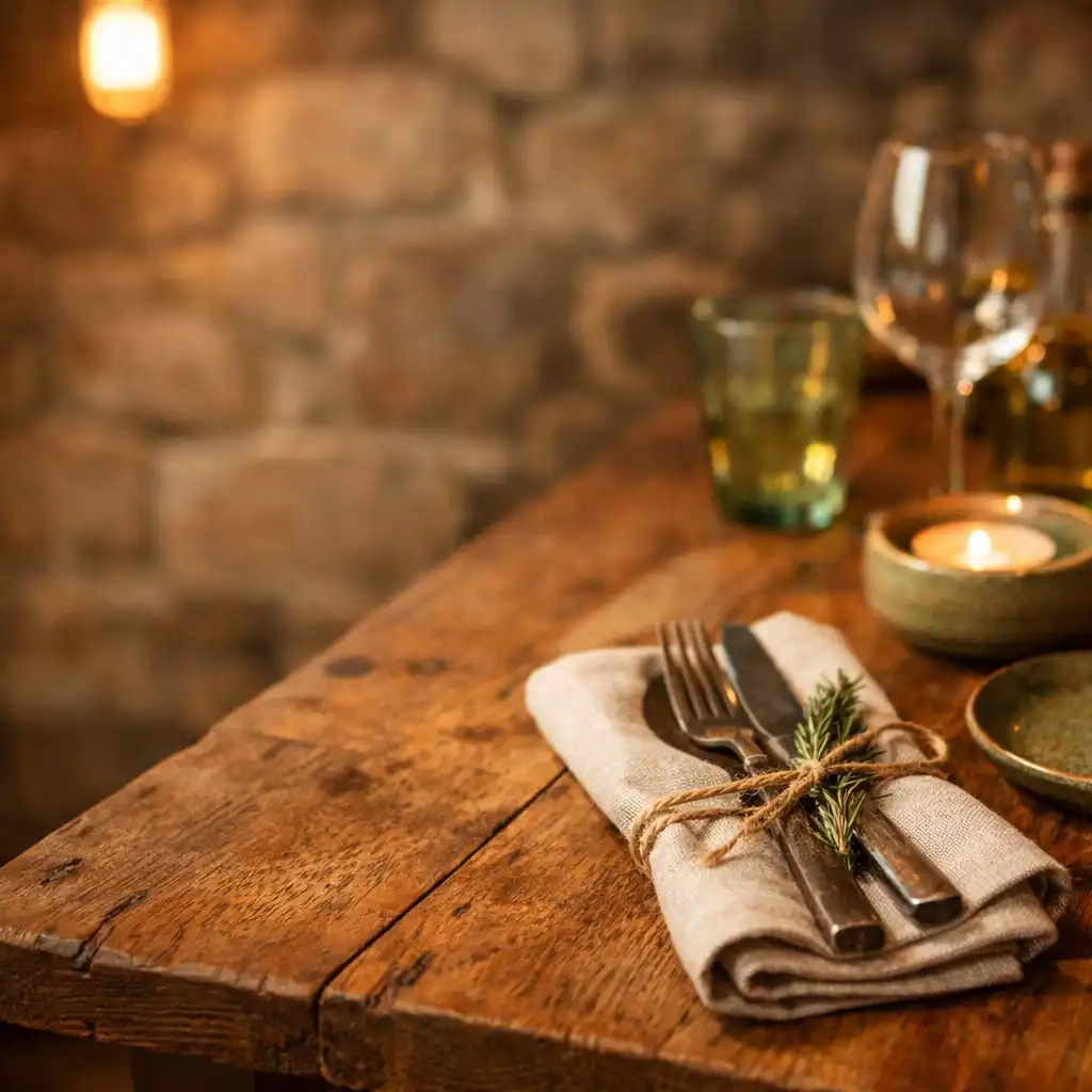 Detail interiéru restaurace s dřevěným stolem, kamennou zdí a lněnými ubrousky