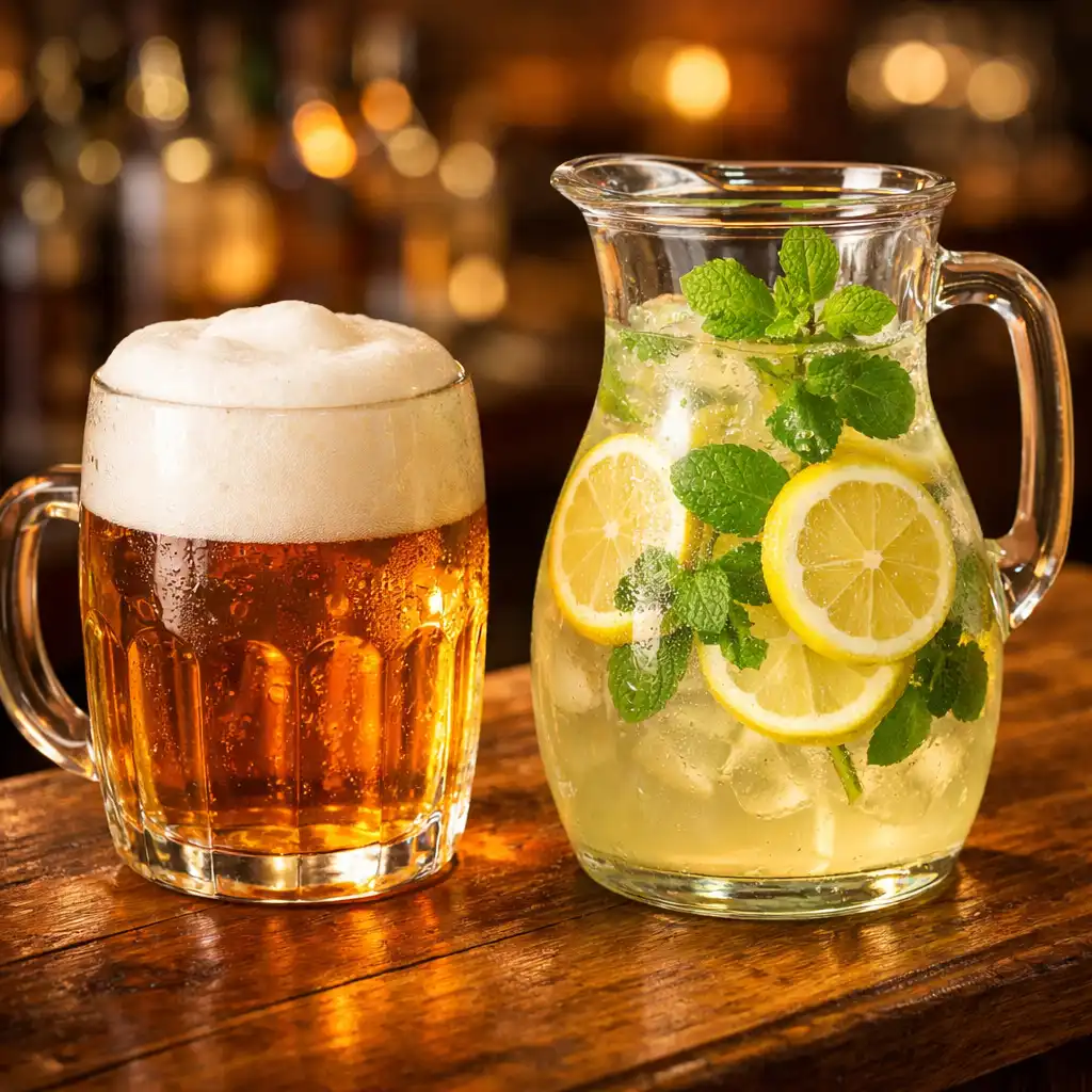 Sklenice českého piva a domácí limonáda s mátou a citronem na baru