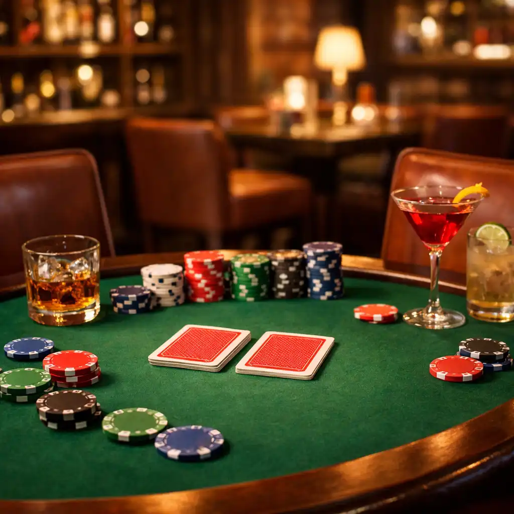 Pokerový stůl se zeleným suknem, barevnými symbolickými žetony a kartami v rohu restaurace
