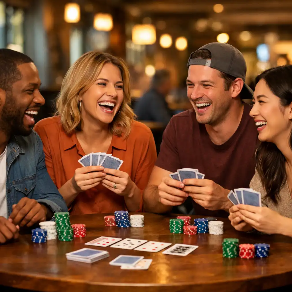 Skupina přátel hraje poker u dřevěného stolu v restauraci, smějí se a užívají si večer