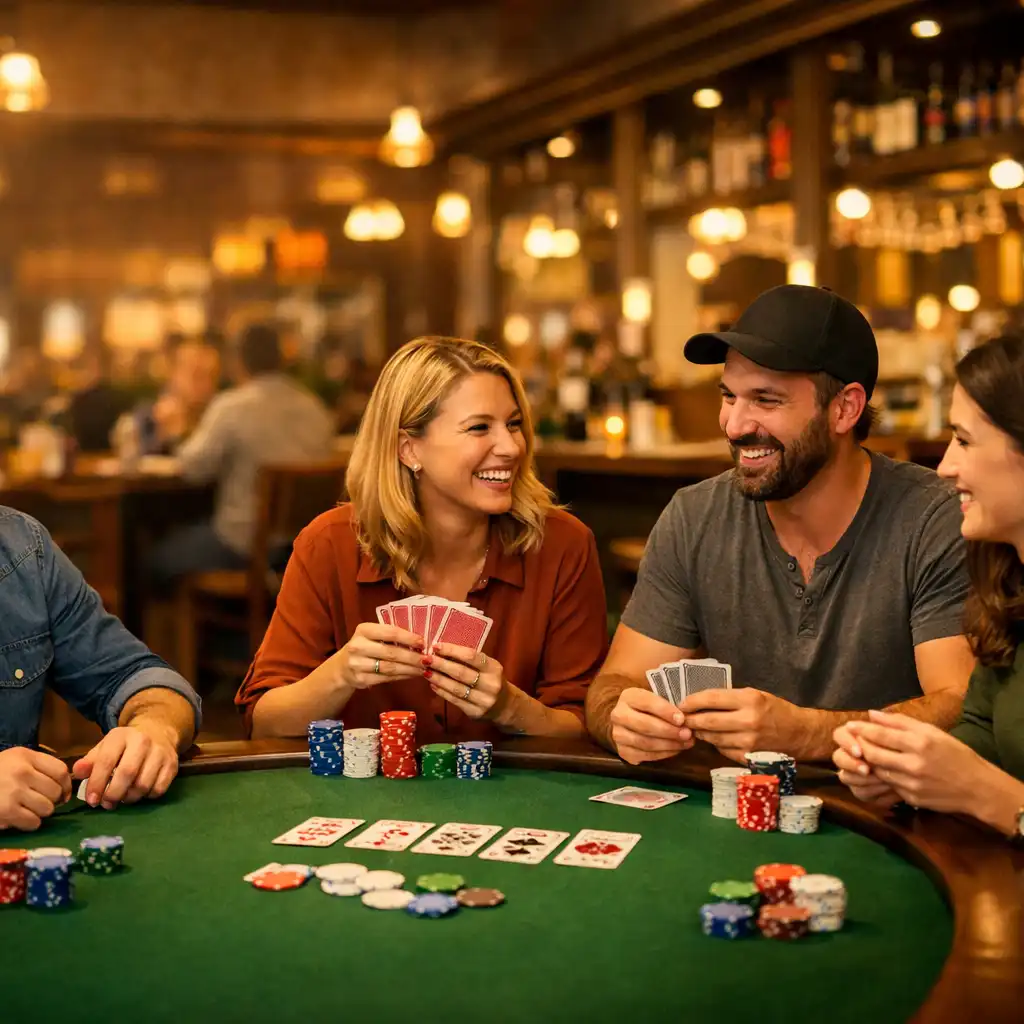 Neformální pokerový stůl v restauraci s přáteli hrajícími karty a symbolické žetony