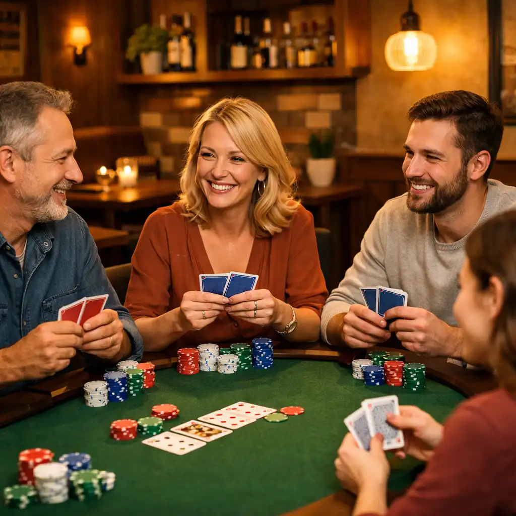 Přátelský pokerový stůl s hracími žetony a usmívajícími se hráči