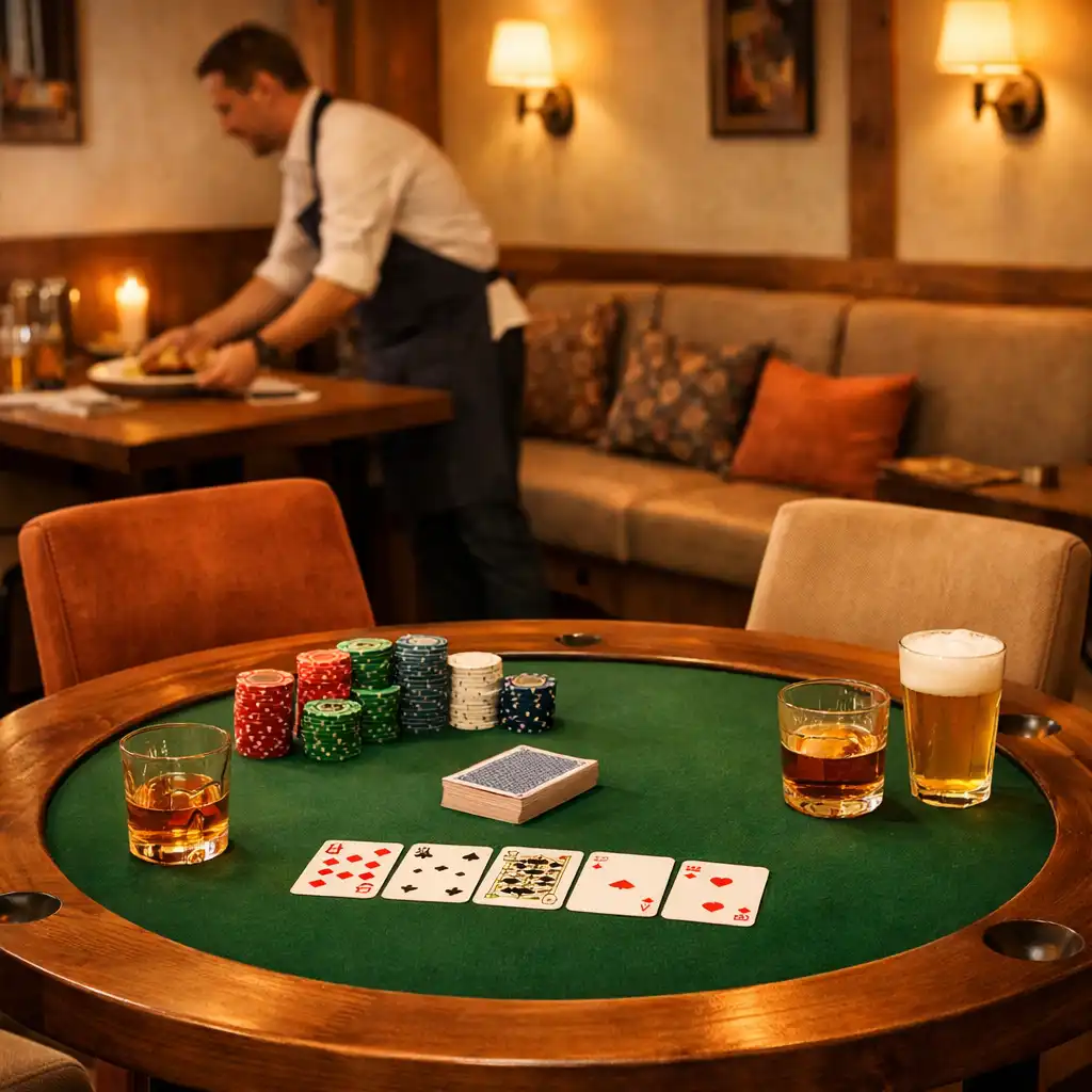 Pohodlný kout restaurace s pokerovým stolem, žetony, kartami a obsluhou nesoucí jídlo
