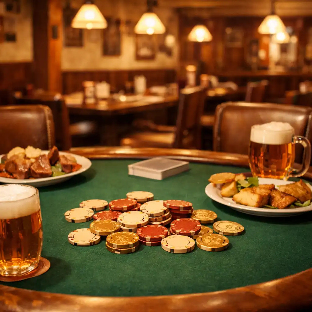 Pokerový stůl v Chutné Talírně se symbolickými žetony, jídlem a pitím v teplém světle restaurace