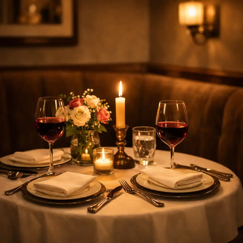 Romantický stůl pro dva v klidném koutě restaurace se svíčkou a květinami