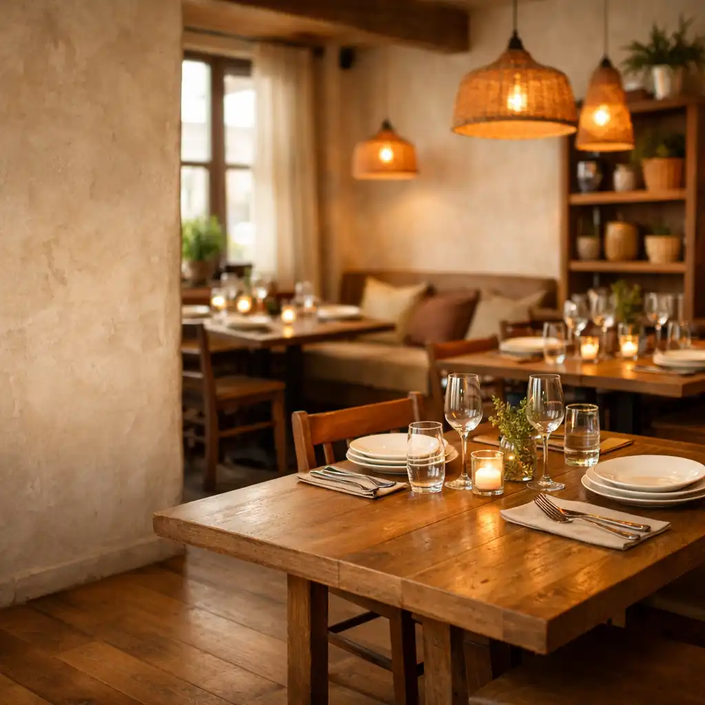 Teplý interiér restaurace Chutná Talírna s dřevěnými stoly a měkkým osvětlením